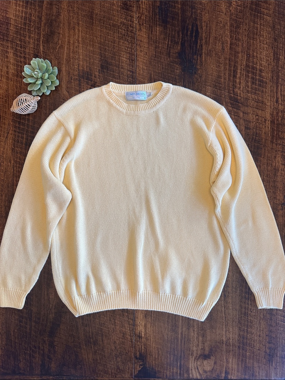 Compliments | VTG Preppy 100% Cotton Butter Yellow Crew Neck Sweater, Size L